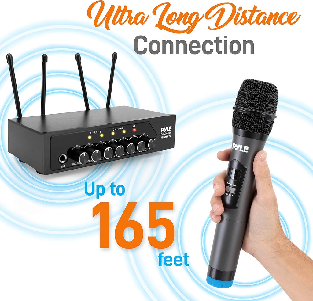 Portable UHF Wireless Microphone System, Battery Operated Four Bluetooth Cordless Microphone Set with Receiver Base C1110
