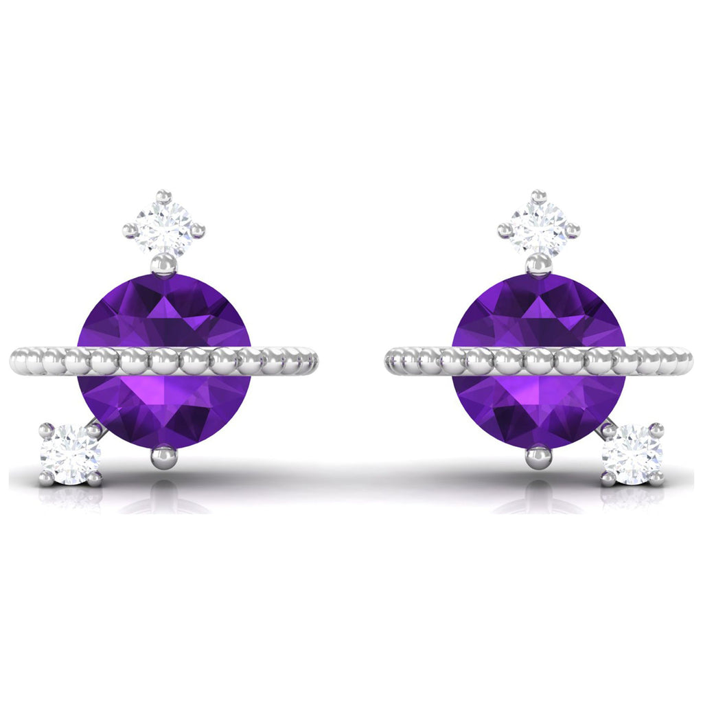 Amethyst Stud Earrings with Diamond, 925 Sterling Silver S259