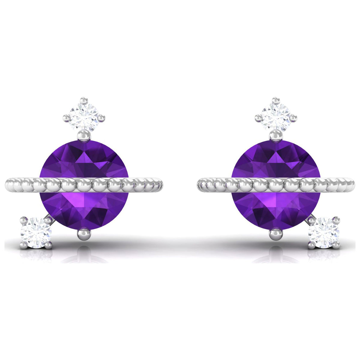 Amethyst Stud Earrings with Diamond, 925 Sterling Silver S259