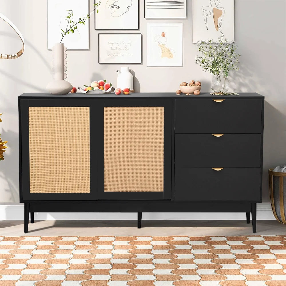 Black 3 Drawer Rattan Accent Cabinet D14014