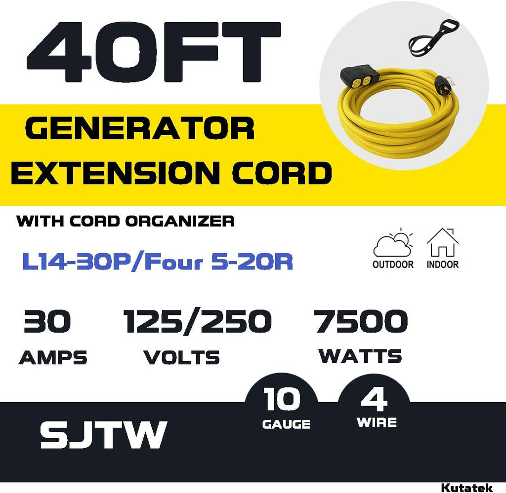40Ft L14-30P to Four 5-20R 30 Amp Generator Power Cord W12280