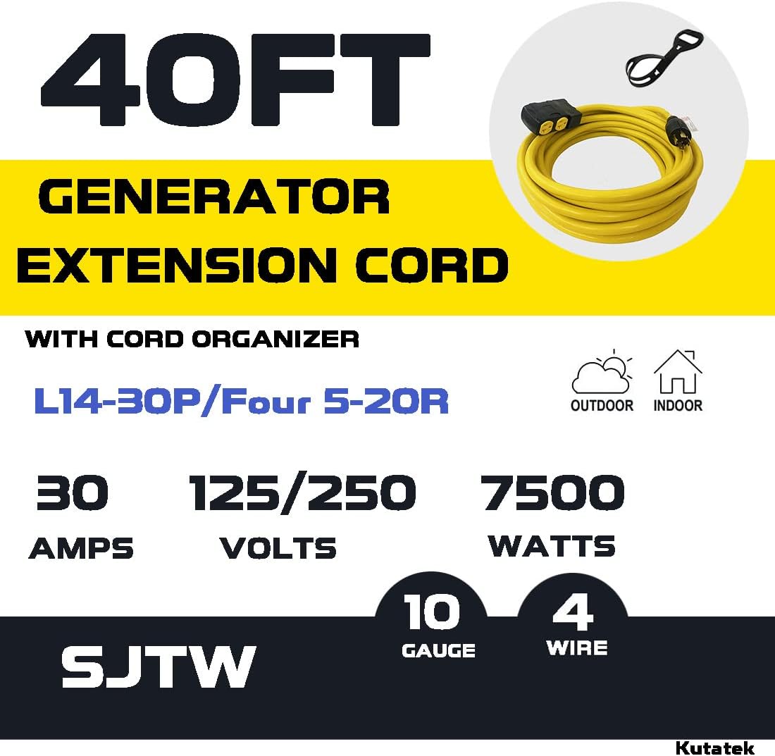 40Ft L14-30P to Four 5-20R 30 Amp Generator Power Cord W12280