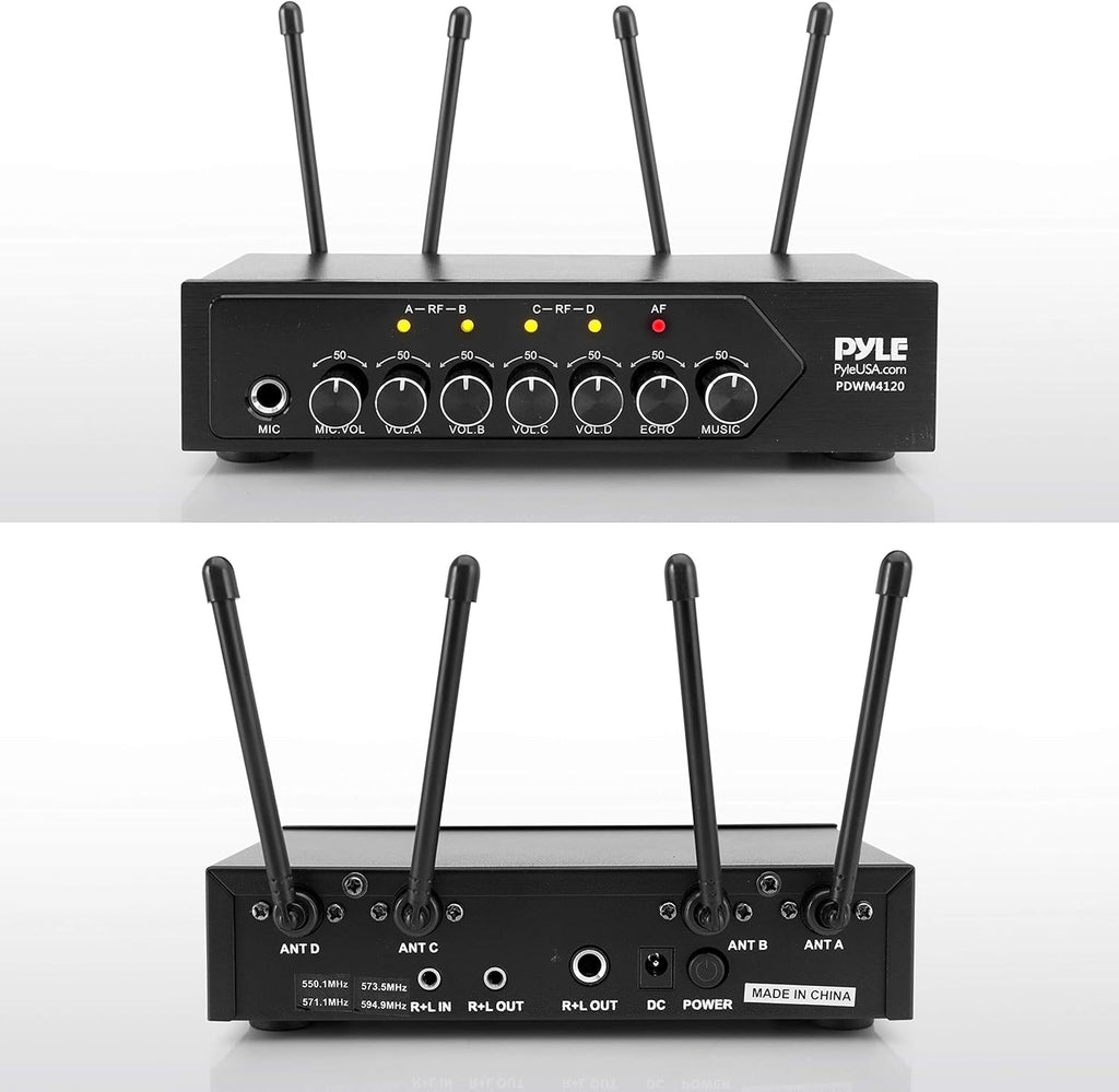 Portable UHF Wireless Microphone System, Battery Operated Four Bluetooth Cordless Microphone Set with Receiver Base C1110