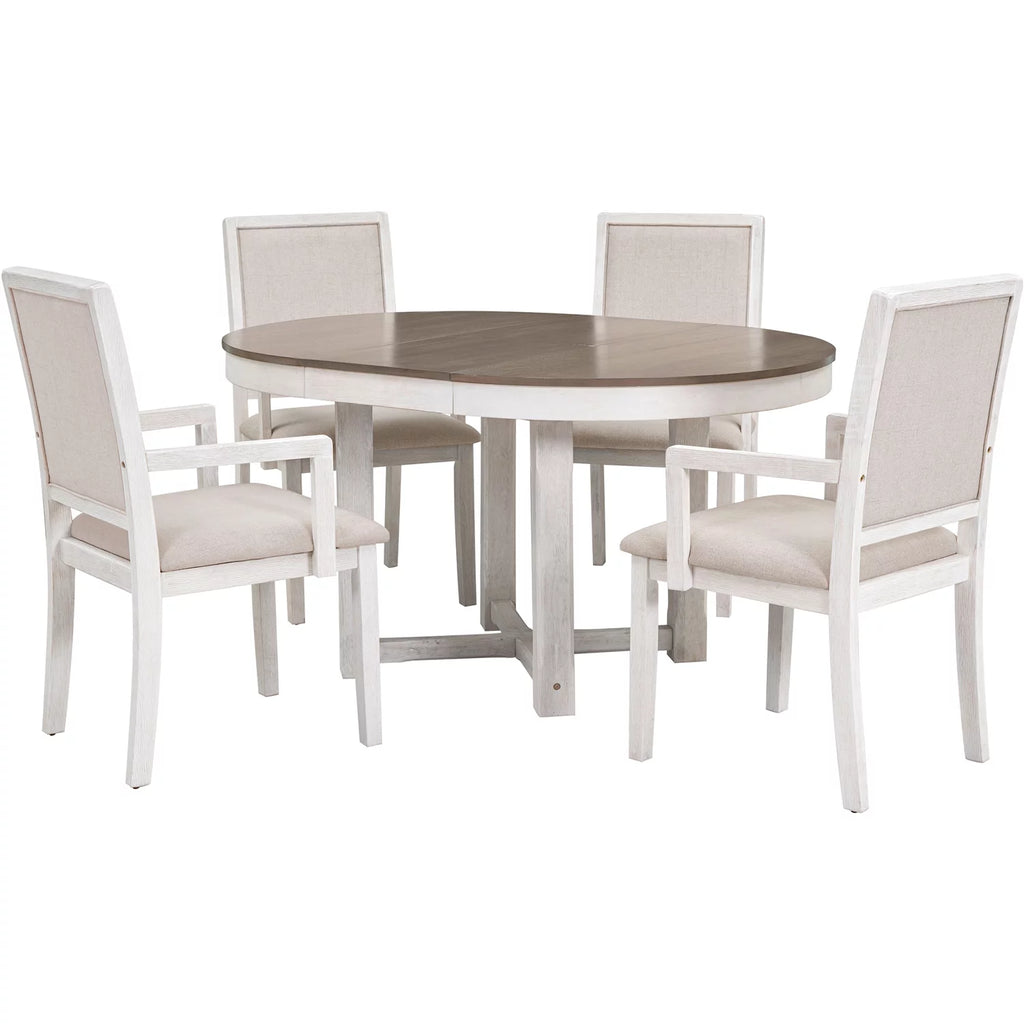 5 Piece Round Extendable Wood Dining Table Set with 4 Upholstered Chairs S4032
