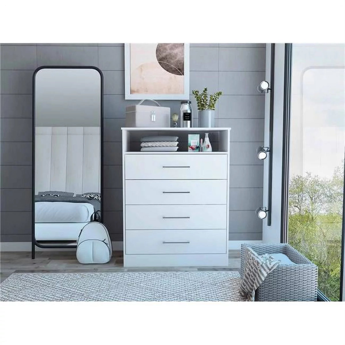 White Four Drawer Dresser with Hutch M19602