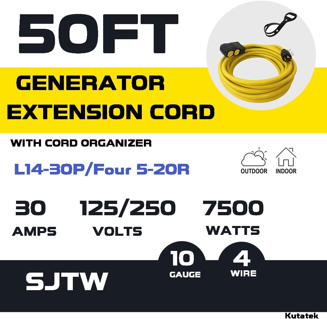 40Ft L14-30P to Four 5-20R 30 Amp Generator Power Cord W12280