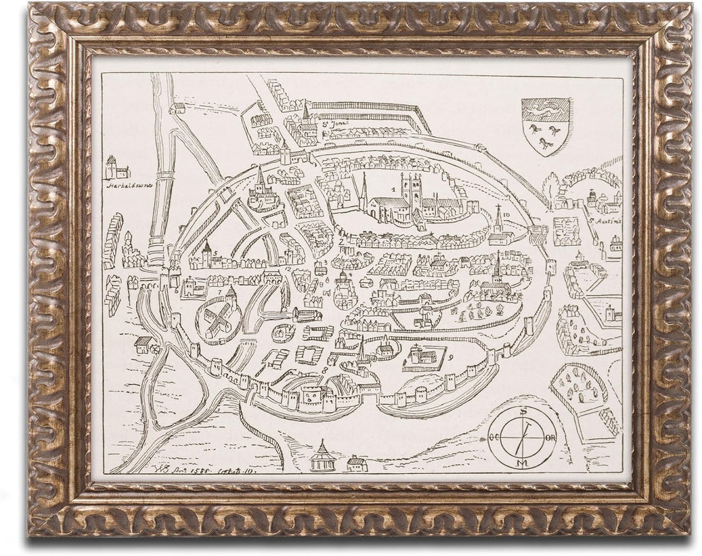 16th Century Canterbury Map 11 by 14-Inch Gold Ornate Frame K816669