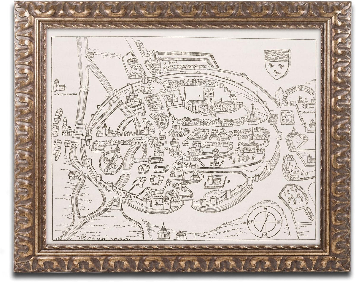 16th Century Canterbury Map 11 by 14-Inch Gold Ornate Frame K816669