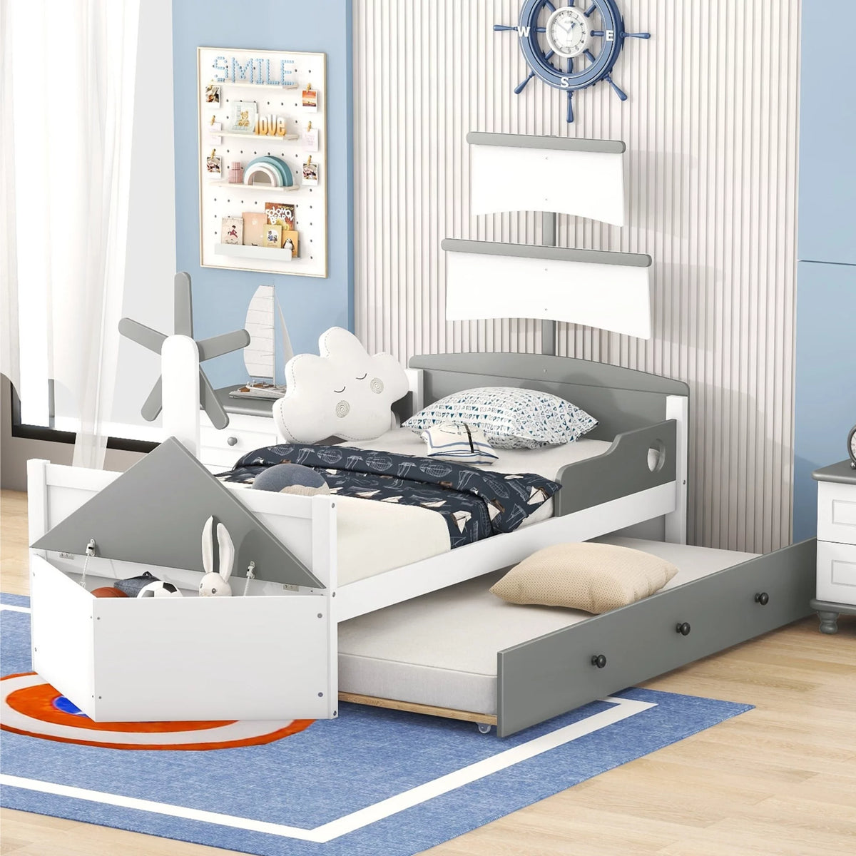 Twin Size Boat-Shaped Platform Bed with Trundle W811034