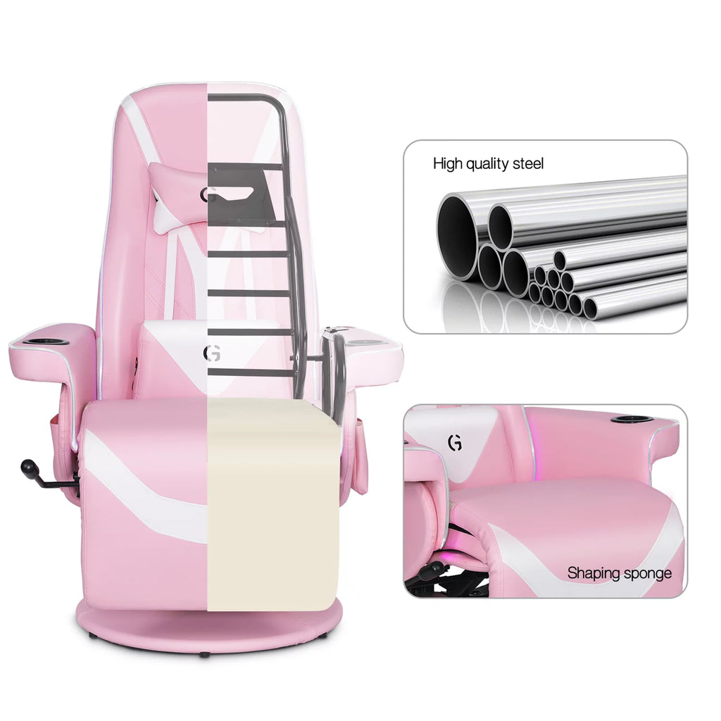 Pink White Ergonomic Recliner Gaming Chair with Footrest and Massage Lumbar Support T4354