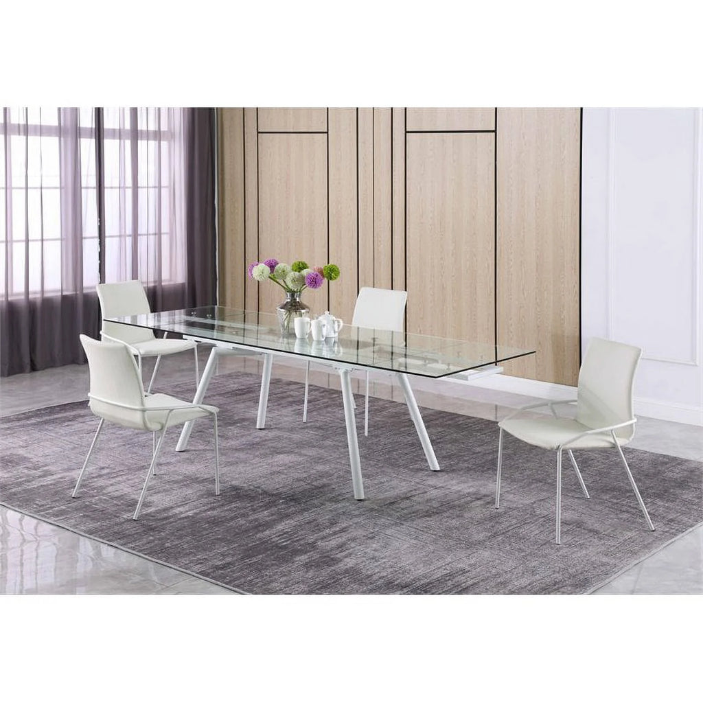 63" Rectangular Steel and Glass Extendable Dining Table in White H856