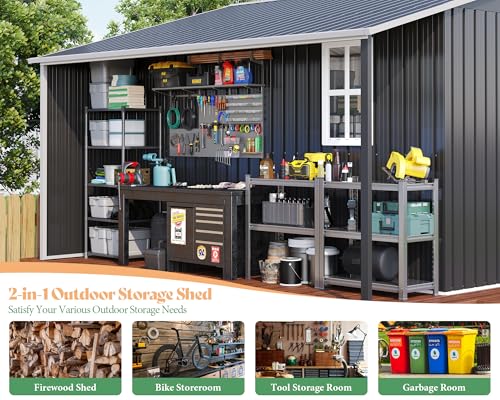 Dark Grey/White Metal Storage Shed with Sliding Doors T729