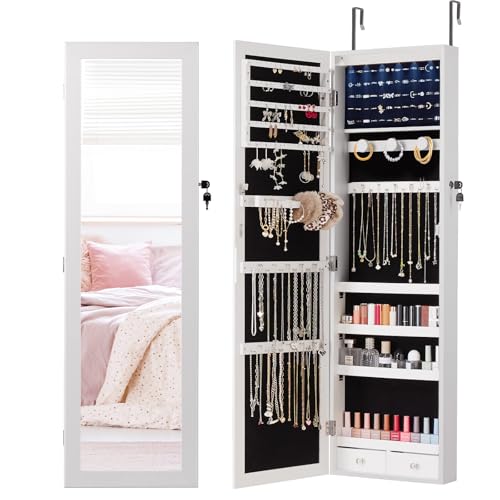 White 47.2-Inch Lockable Mirror Jewelry Cabinet C3757
