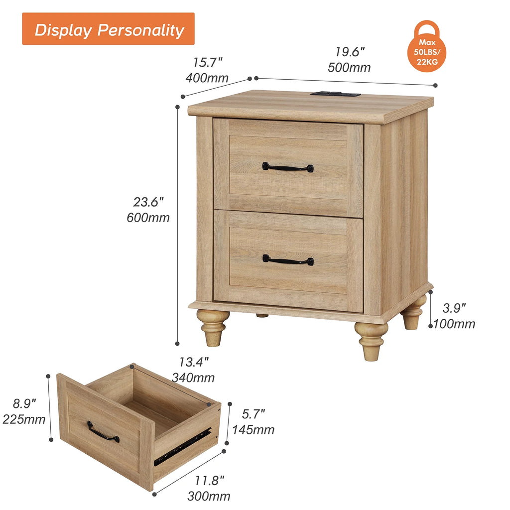 Light Rustic Oak Nightstand with Charging Station and 2 Drawers S651420