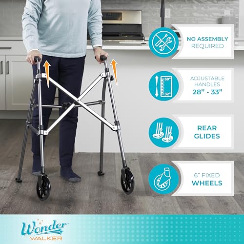 Lightweight Foldable Rolling Walker with 6-inch Wheels and Ski Glides Matte Black T140