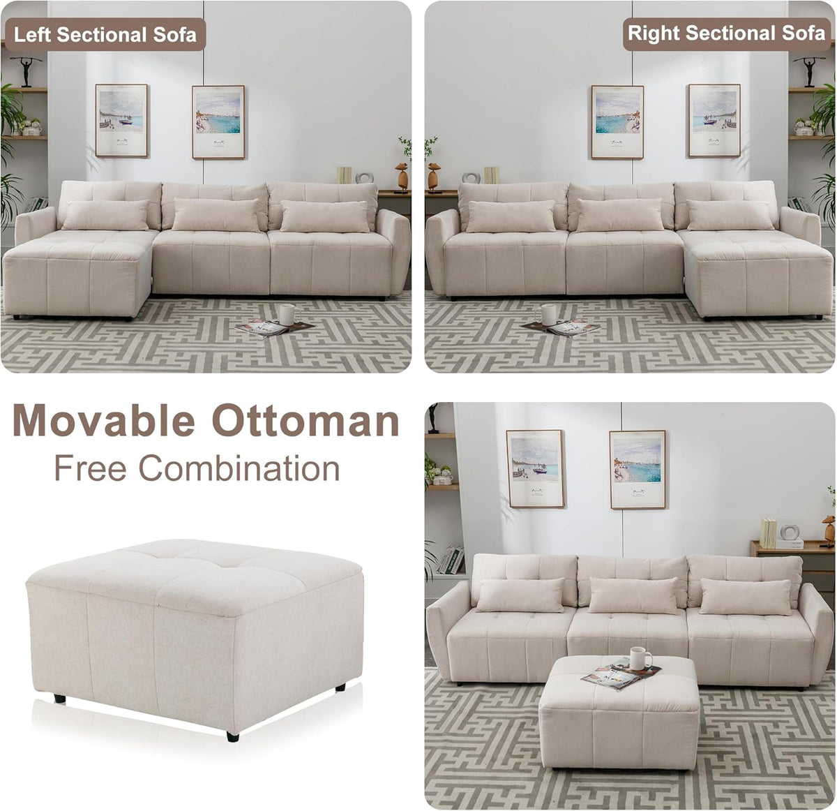 Beige Oversized 114" Convertible Sectional Sofa with Movable Ottoman A726196