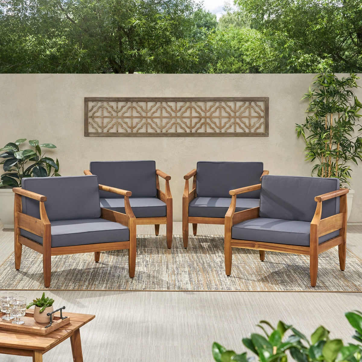 Acacia Wood Club Chair with Cushion Set of 4 N6575