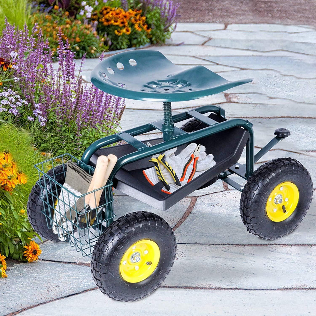 Green Rolling Garden Tool Cart with Swivel Seat and Storage Basket J4725