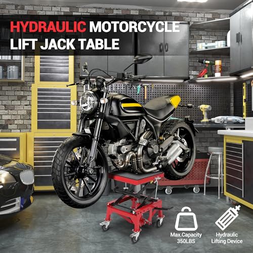 Hydraulic Motorcycle Lift Jack 350LBS, Foot Operated Scissor Lift Table, Heavy-Duty Steel Stand with Safety Lock & Wheels, Height Adjustable, Oil Drain Hole W873687