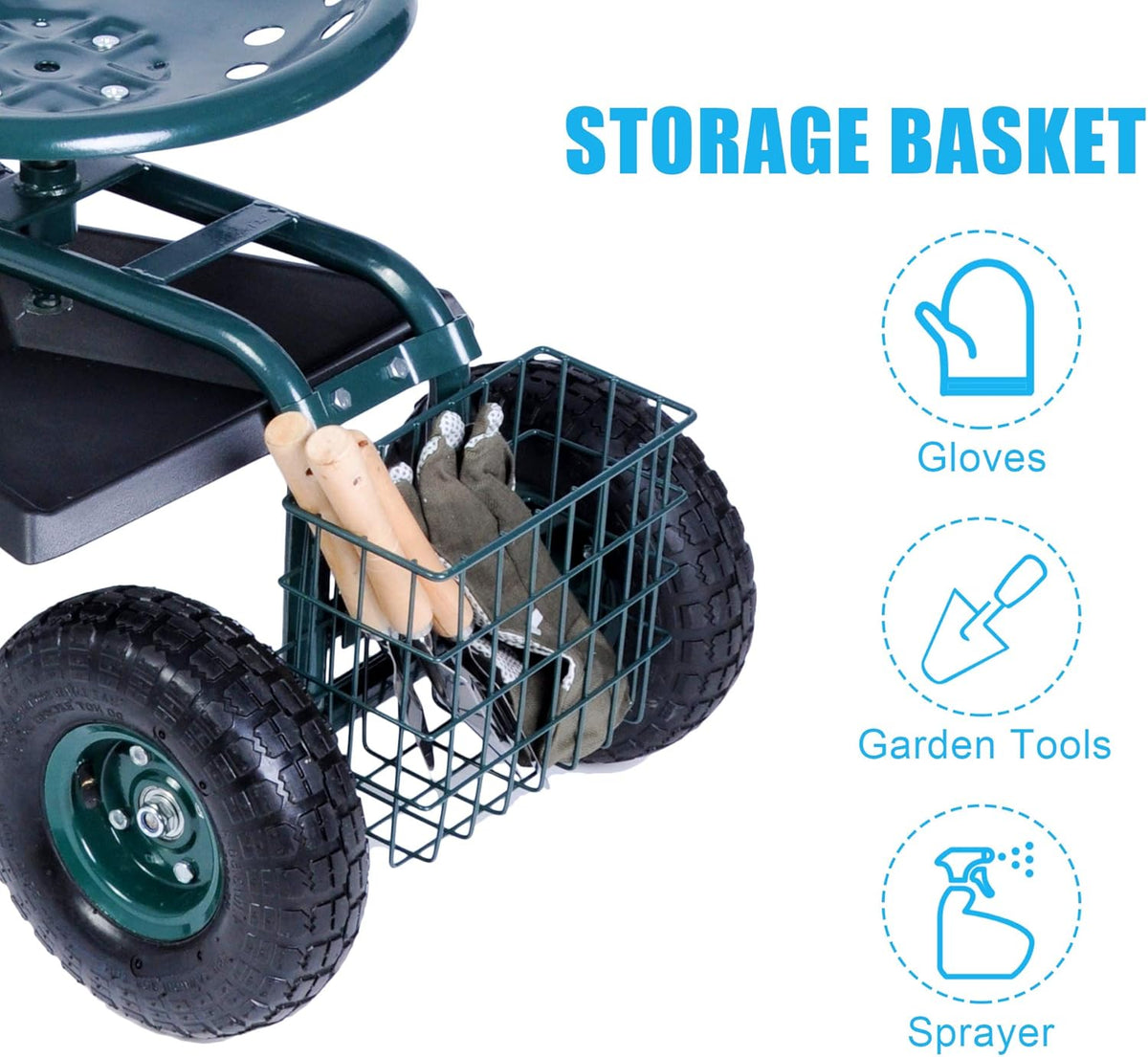Green Rolling Garden Tool Cart with Swivel Seat and Storage Basket J4725