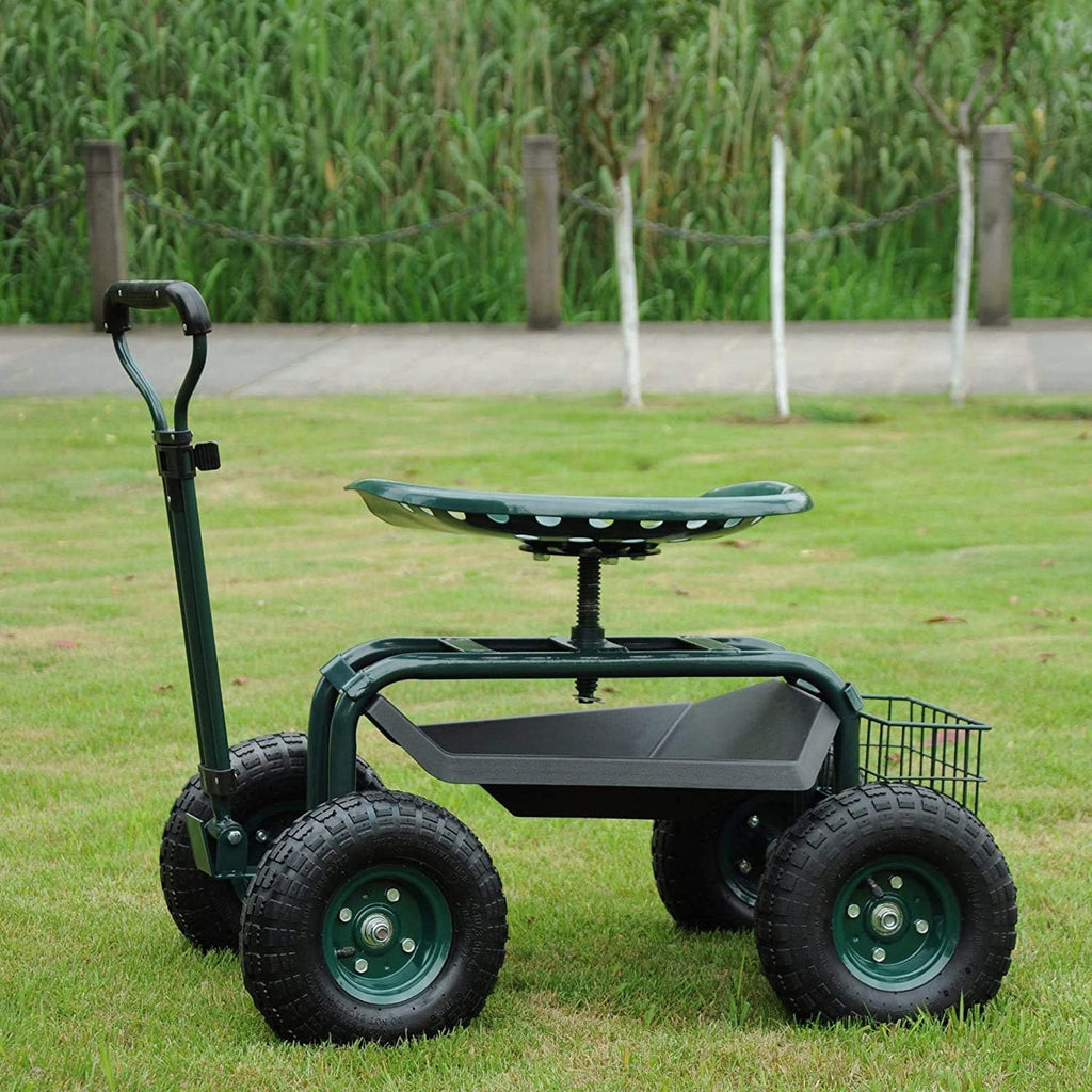 Green Rolling Garden Tool Cart with Swivel Seat and Storage Basket J4725