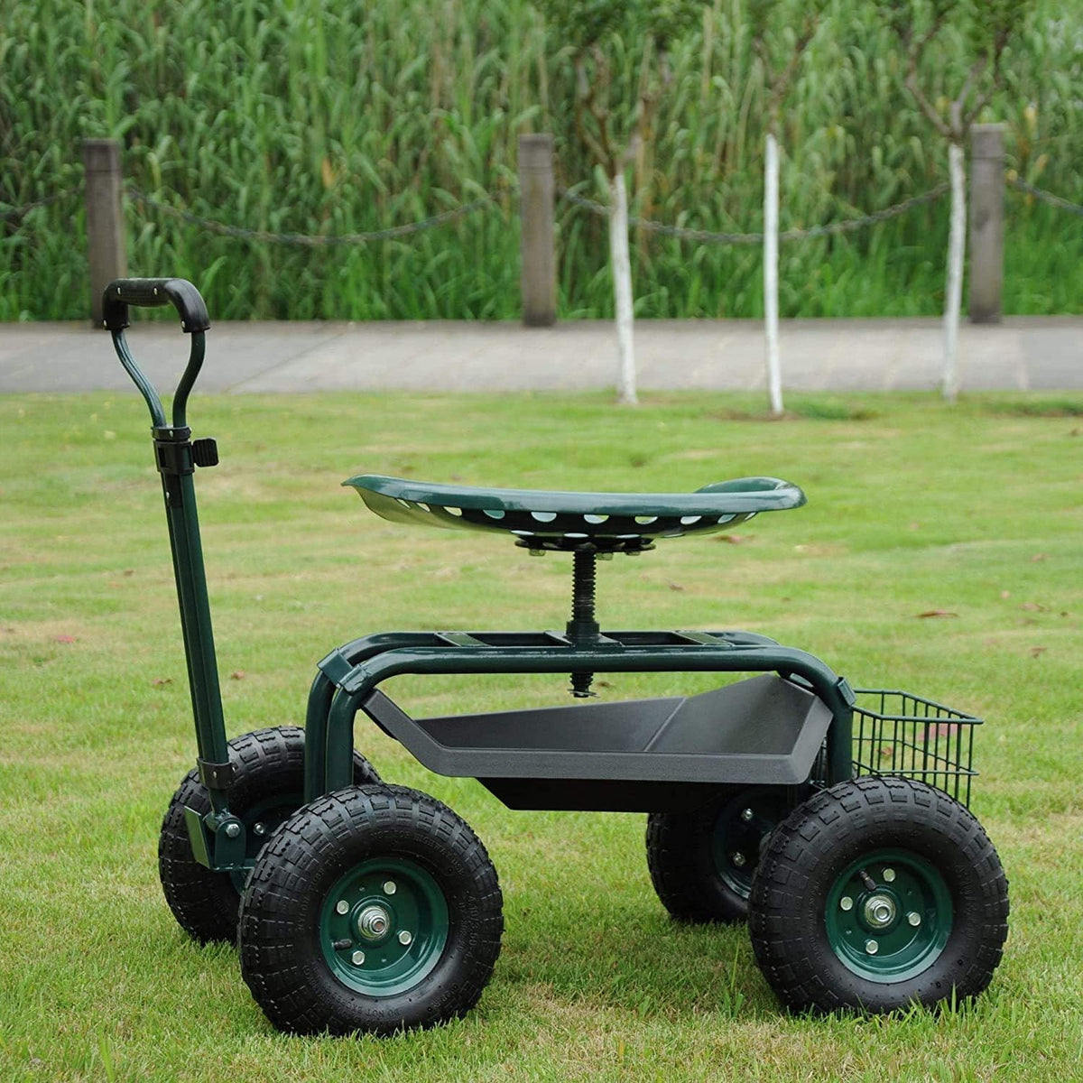 Green Rolling Garden Tool Cart with Swivel Seat and Storage Basket J4725