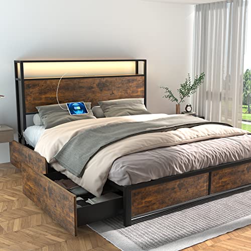 Full Size Metal Bed Frame with Storage Drawers, Rustic Brown U9405