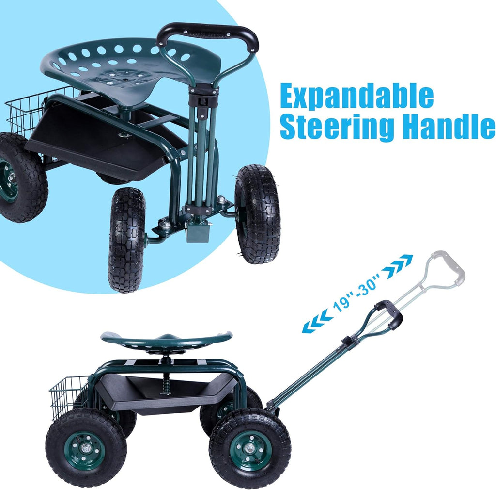 Green Rolling Garden Tool Cart with Swivel Seat and Storage Basket J4725