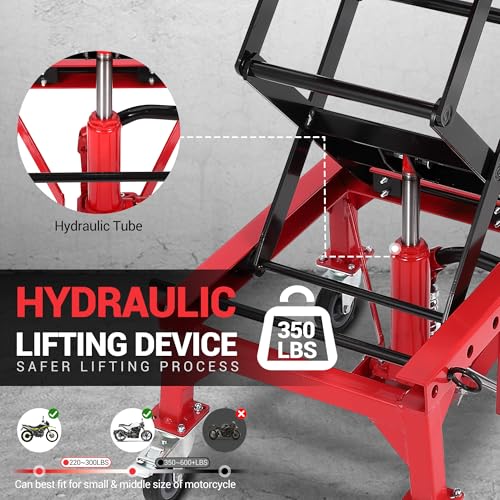 Hydraulic Motorcycle Lift Jack 350LBS, Foot Operated Scissor Lift Table, Heavy-Duty Steel Stand with Safety Lock & Wheels, Height Adjustable, Oil Drain Hole W873687