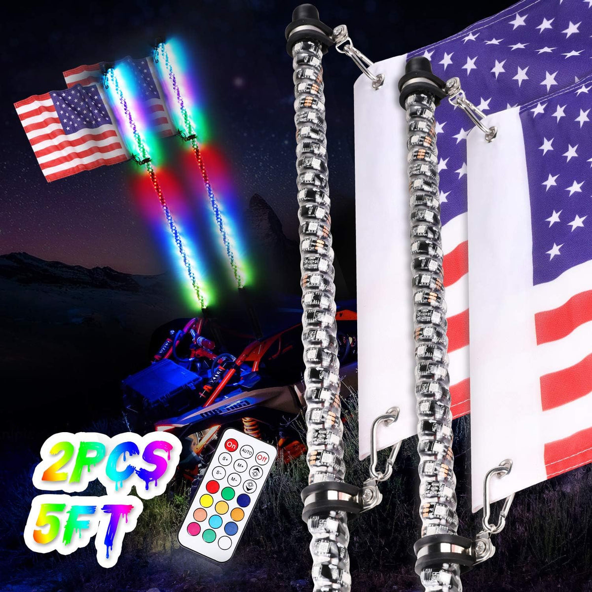 2PCS 5FT RGB LED Whip Lights with Flag N48468
