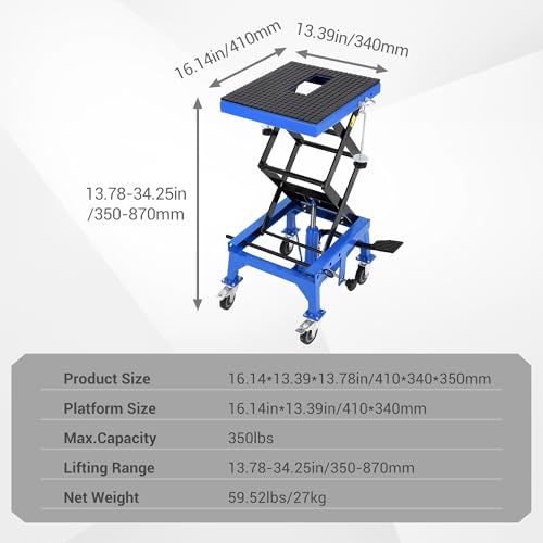 Hydraulic Motorcycle Lift Jack 350LBS, Foot Operated Scissor Lift Table, Heavy-Duty Steel Stand with Safety Lock & Wheels, Height Adjustable, Oil Drain Hole W873687