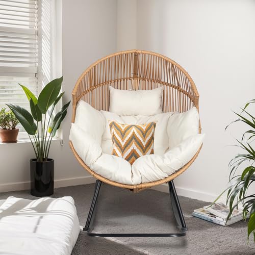 Beige Oversized Wicker Egg Chair with Cushion E397