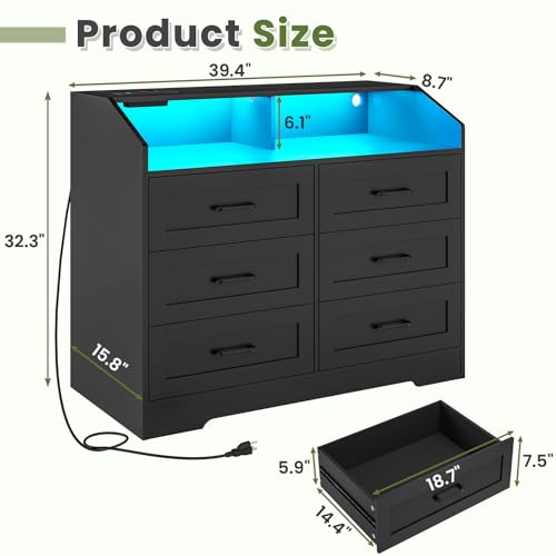 White 6 Drawers Wood Dresser with LED Lights and Charging Station N189