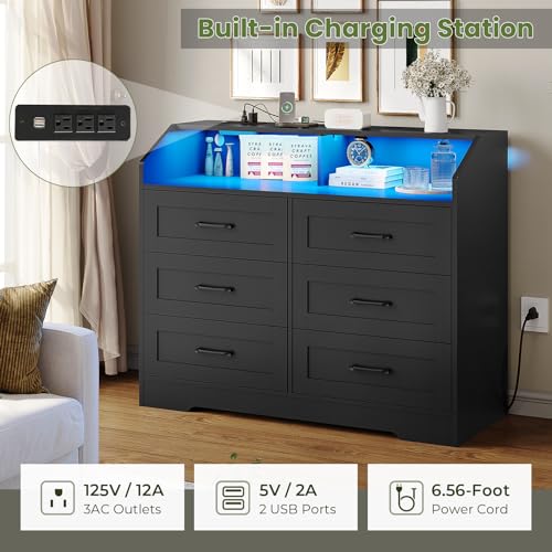 White 6 Drawers Wood Dresser with LED Lights and Charging Station N189