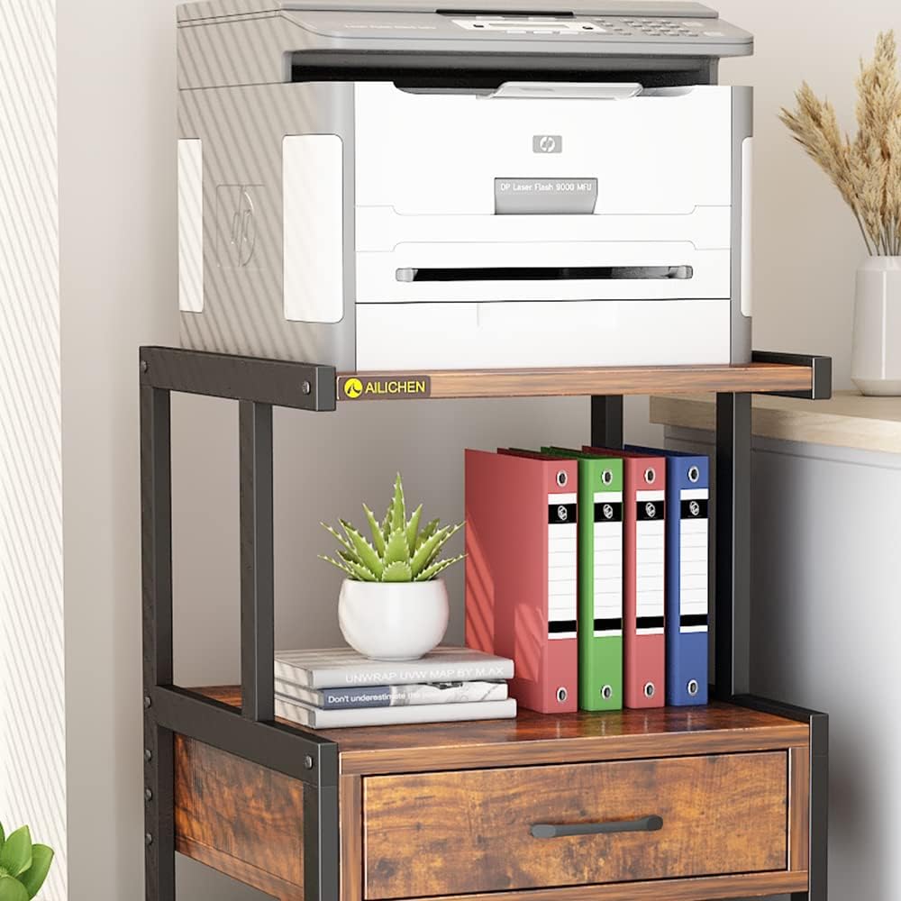 3-Tier Printer Stand with Drawers Record Player Stand End Table Storage Cabinet Printer Rack with Wheels Rolling Filing Cabinet Printer Cart P175212