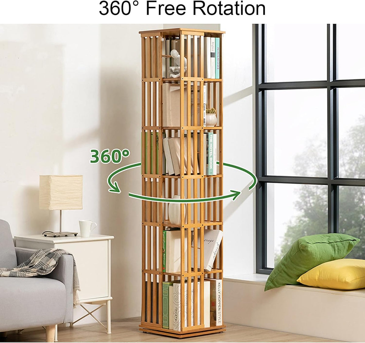 Bamboo 360 Rotating Bookshelf 6 Tier Floor Standing Bookcase Storage Shelves J117575