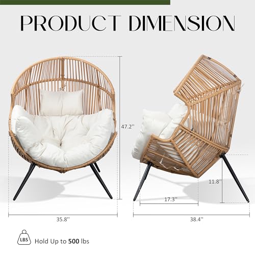 Beige Oversized Wicker Egg Chair with Cushion E397