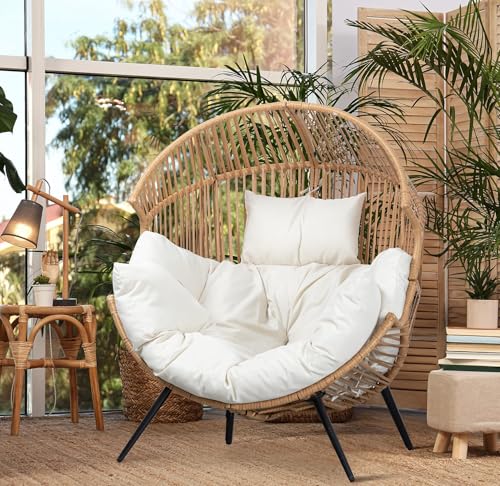 Beige Oversized Wicker Egg Chair with Cushion E397