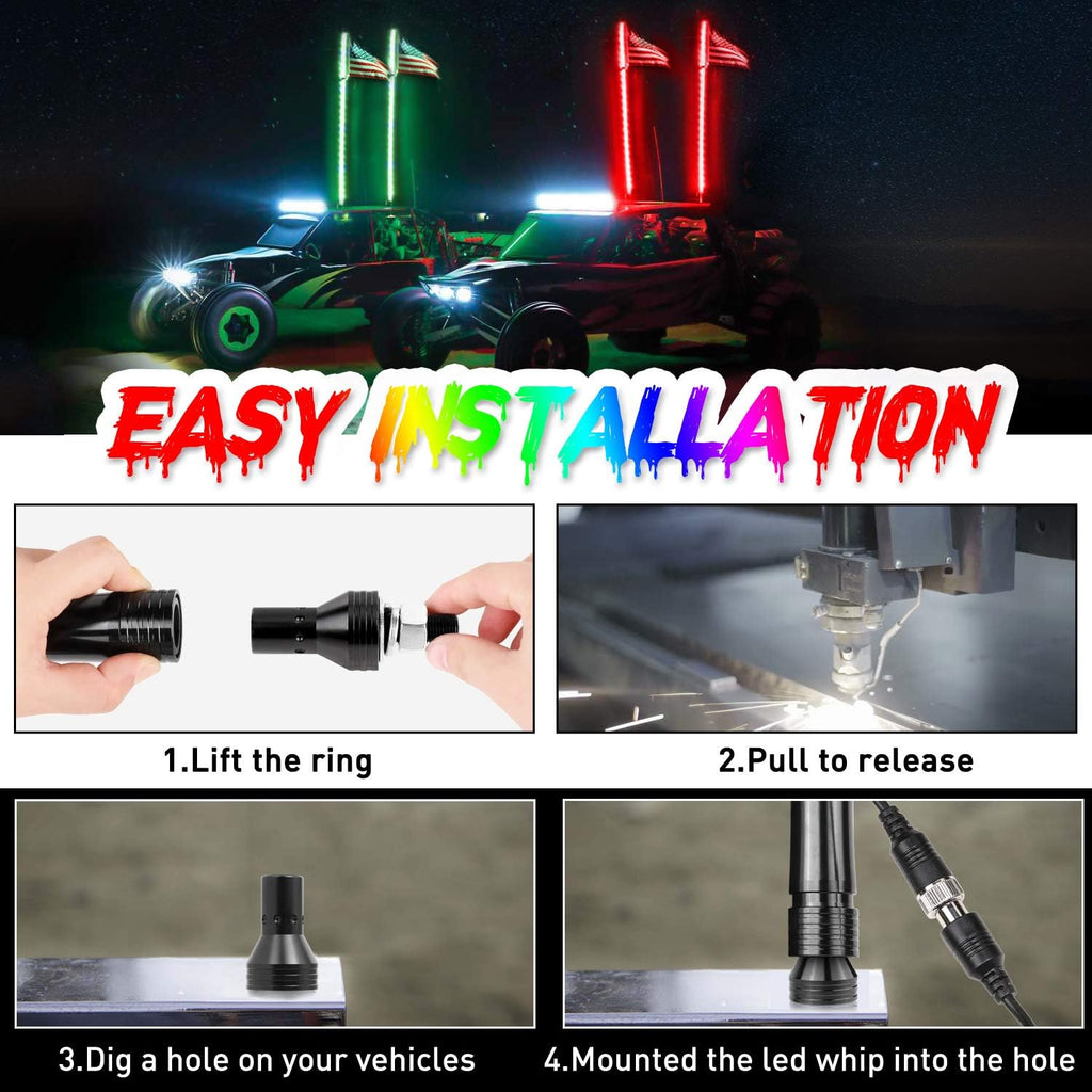 2PCS 5FT RGB LED Whip Lights with Flag N48468