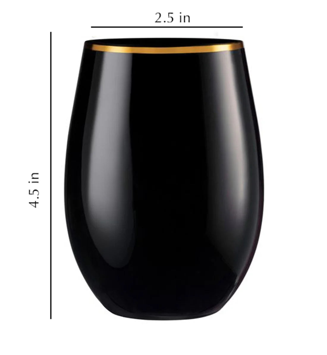 Stemless Plastic Wine Goblet 16 oz Black / Gold Rim Pack of 48 K826