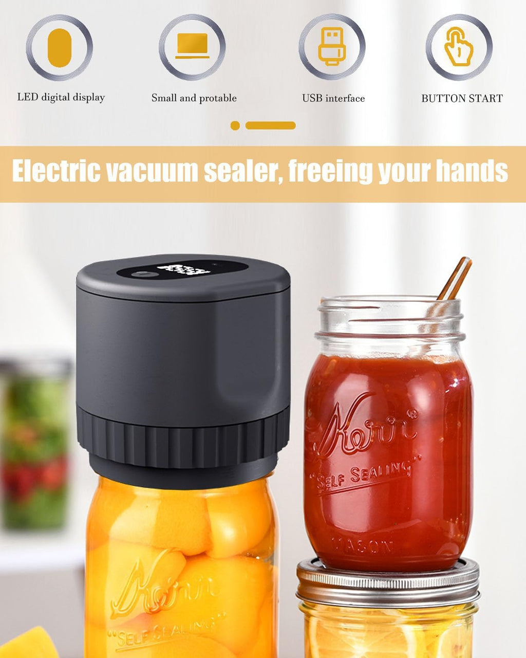 Black Cordless Handheld Mason Jar Vacuum Sealer Kit with Wide & Regular Mouth Lids H2227