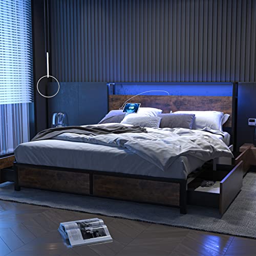 Full Size Metal Bed Frame with Storage Drawers, Rustic Brown U9405