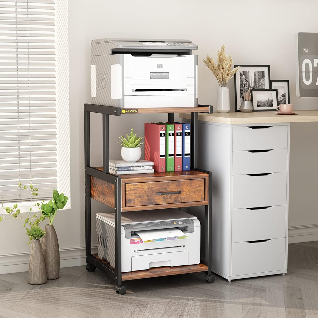 3-Tier Printer Stand with Drawers Record Player Stand End Table Storage Cabinet Printer Rack with Wheels Rolling Filing Cabinet Printer Cart P175212