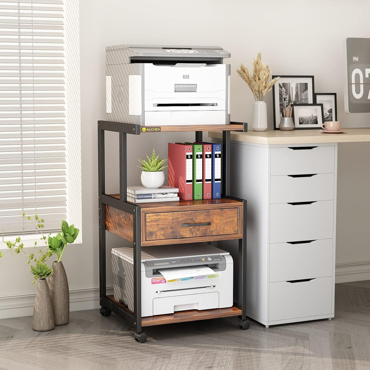 3-Tier Printer Stand with Drawers Record Player Stand End Table Storage Cabinet Printer Rack with Wheels Rolling Filing Cabinet Printer Cart P175212