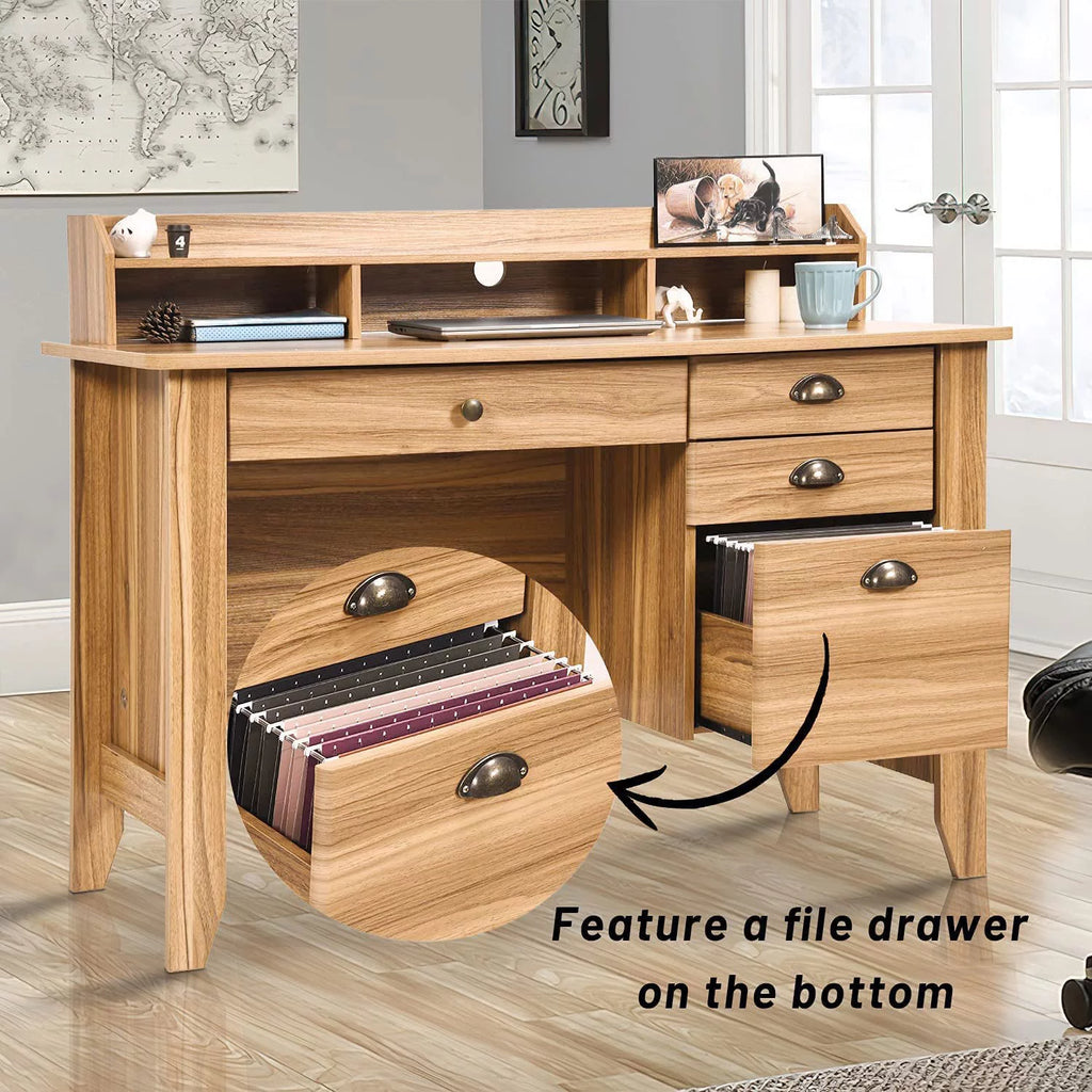 White Oak Computer Desk with Drawers and Hutch Shelf L7422