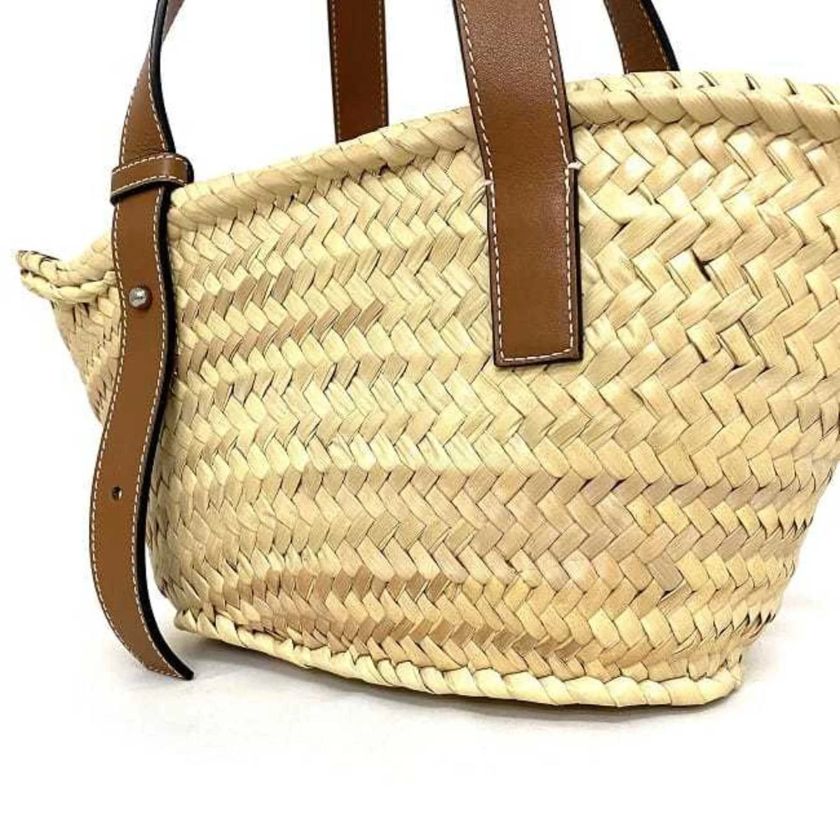 Pre-Owned Beige Brown Straw Calf Leather Tote Handbag M13975