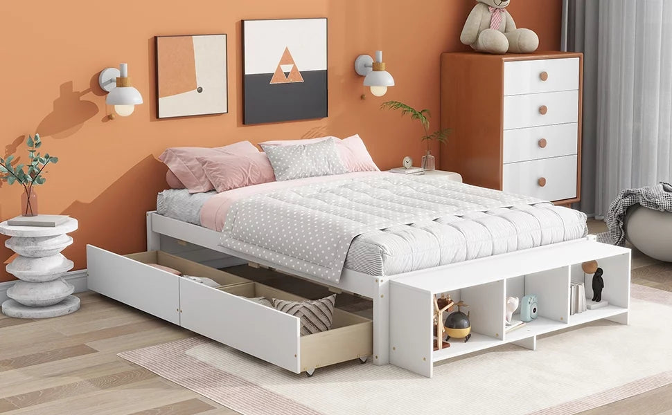 White Full Size Platform Bed with Storage Shelves and Drawer Z247