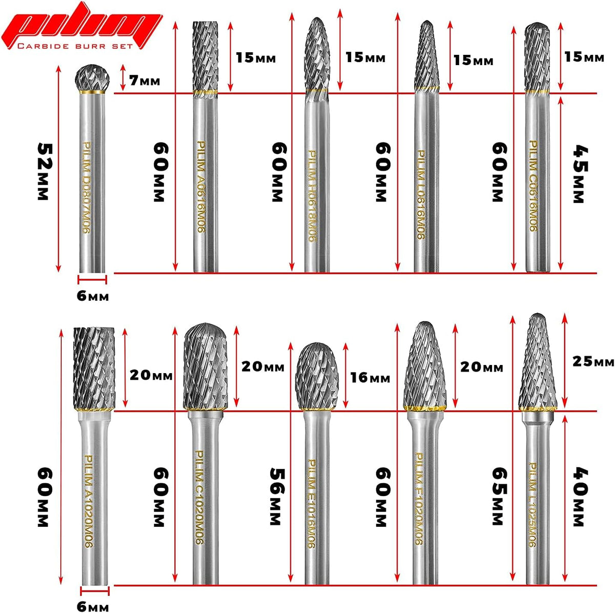 Tungsten Carbide Burr Set 1/4" Shank 10PC Double Cut Rotary Cutting Burrs Die Grinder Bits M753229