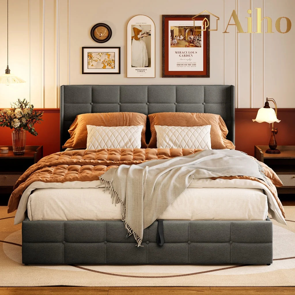 Queen Size Lift Up Storage Bed with Wingback Headboard M920