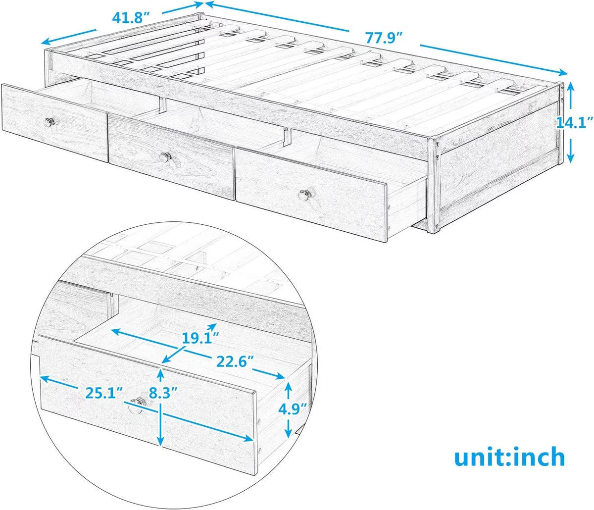 Cherry Wood Storage Bed with 3 Drawers Q1679
